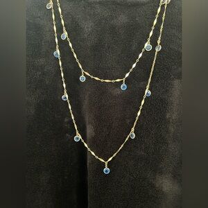 Elegant Gold tone and Blue Crystal Dangle Necklace